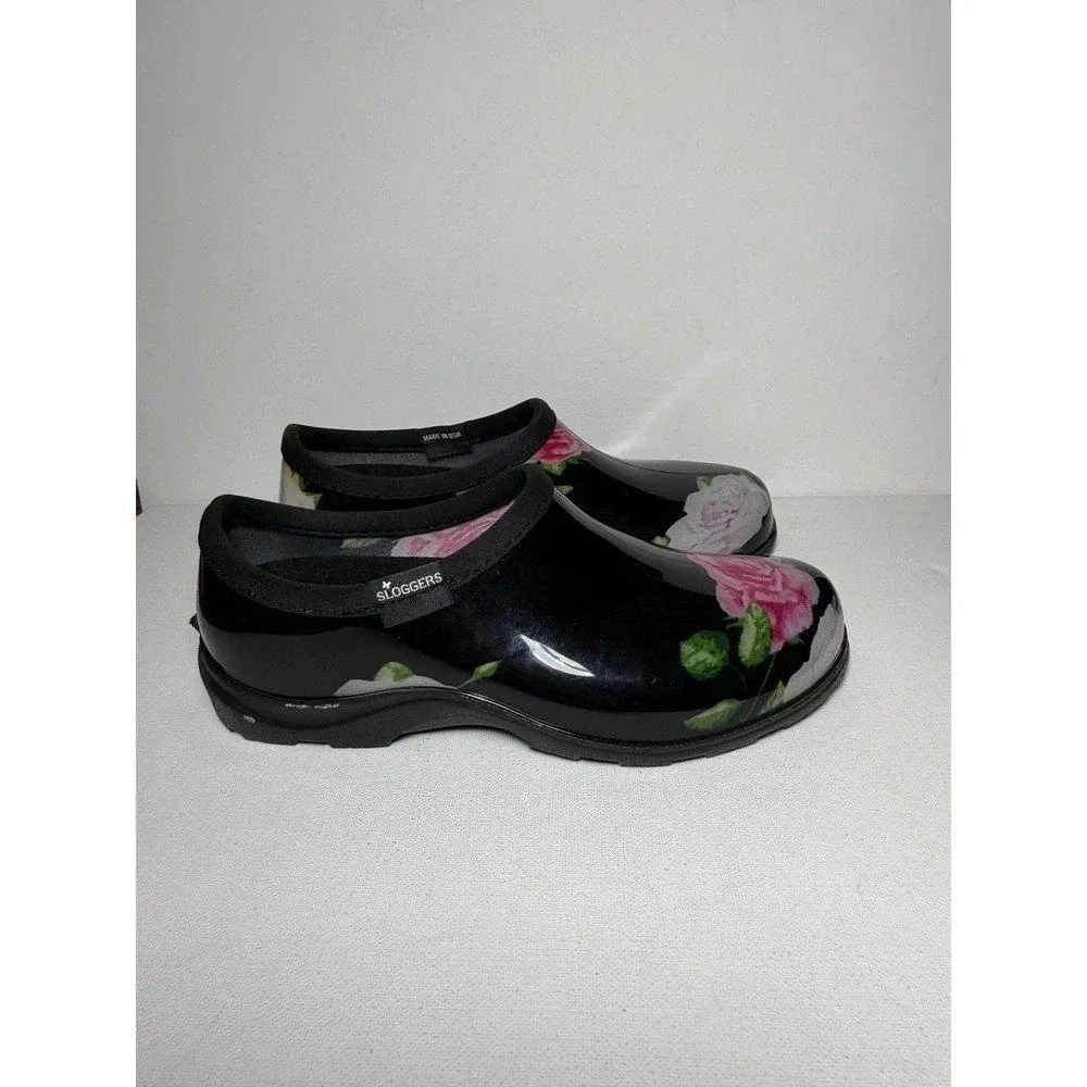 Sloggers Rain and Garden Black Clogs W Bright Pink and White Florals Sz 7 NWOT
